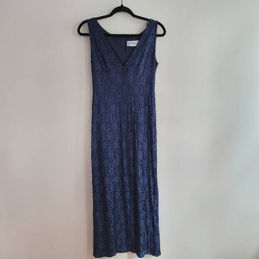 Vintage Jessica Howard navy maxi dress babydoll v neck floral lace sleeveless wh